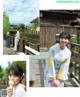 A woman in a kimono eating an ice cream cone.