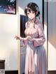 A woman in a pink kimono standing in front of a door.